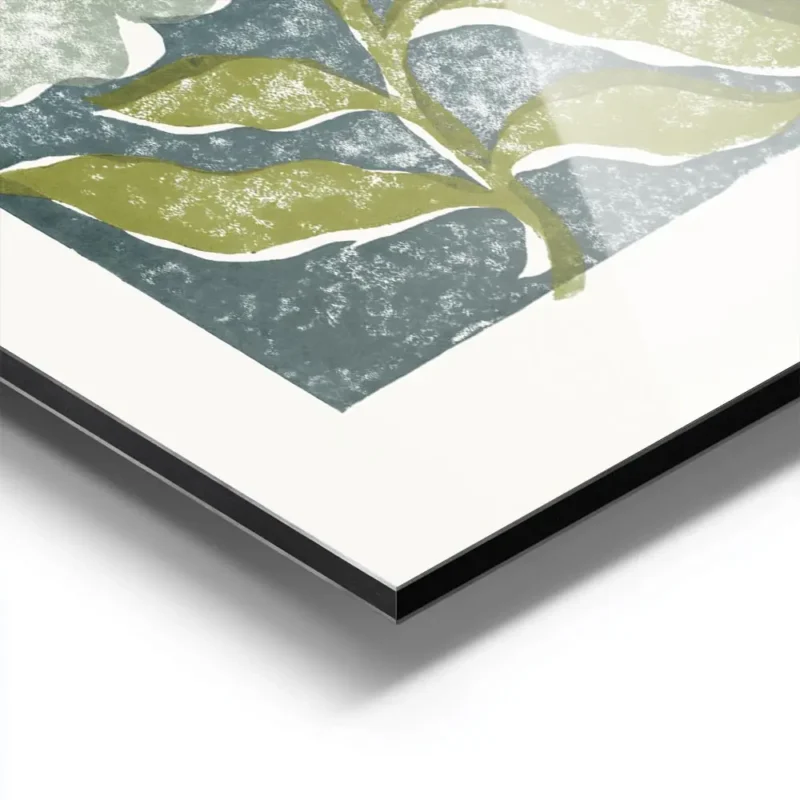 affiche avec des fleurs stylisees jaunes et bleues et des feuilles vertes sur un aluminium.webp