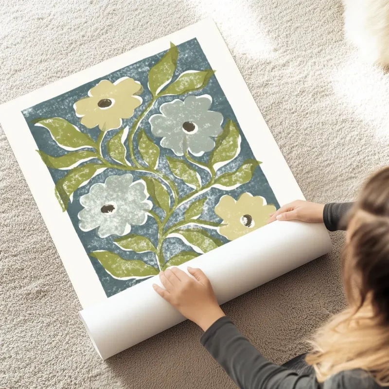 affiche avec des fleurs stylisees jaunes et bleues et des feuilles vertes sur un au sol.webp