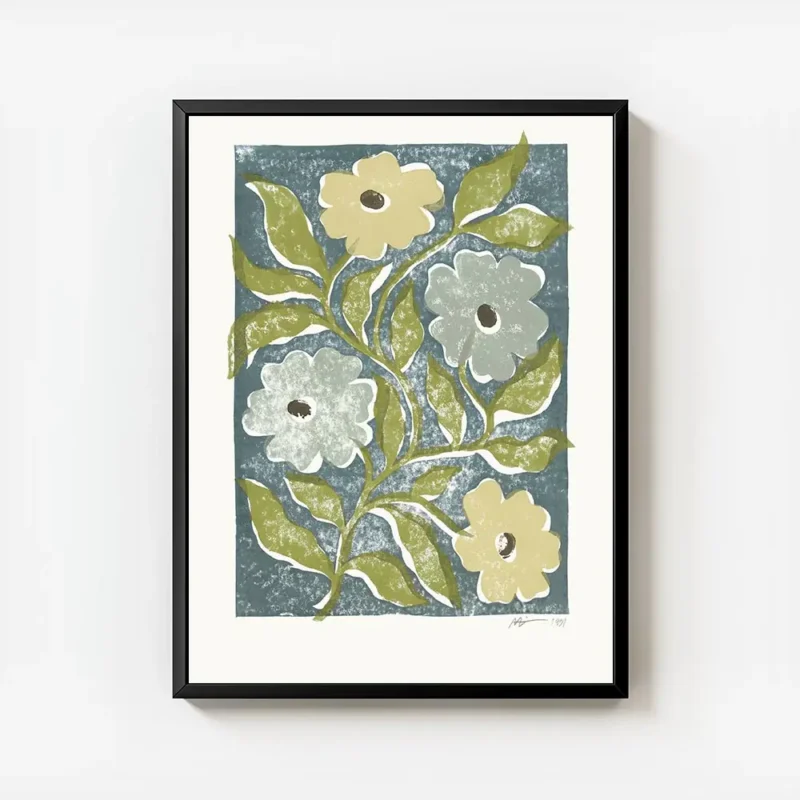 affiche avec des fleurs stylisees jaunes et bleues et des feuilles vertes sur un avec cadre.webp
