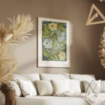 affiche avec des fleurs stylisees jaunes et bleues et des feuilles vertes sur un salon.webp
