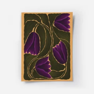 affiche avec des fleurs violettes et des feuilles vert fonce aux contours clairs.webp
