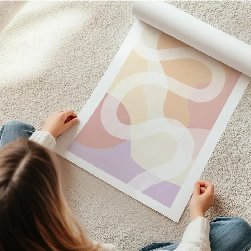 affiche avec des formes abstraites aux couleurs jaune rose orange et violet trav en rouleau.webp