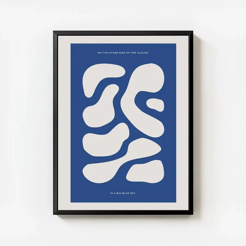 affiche avec des formes abstraites beige sur fond bleu fonce avec du texte en ty avec cadre.webp