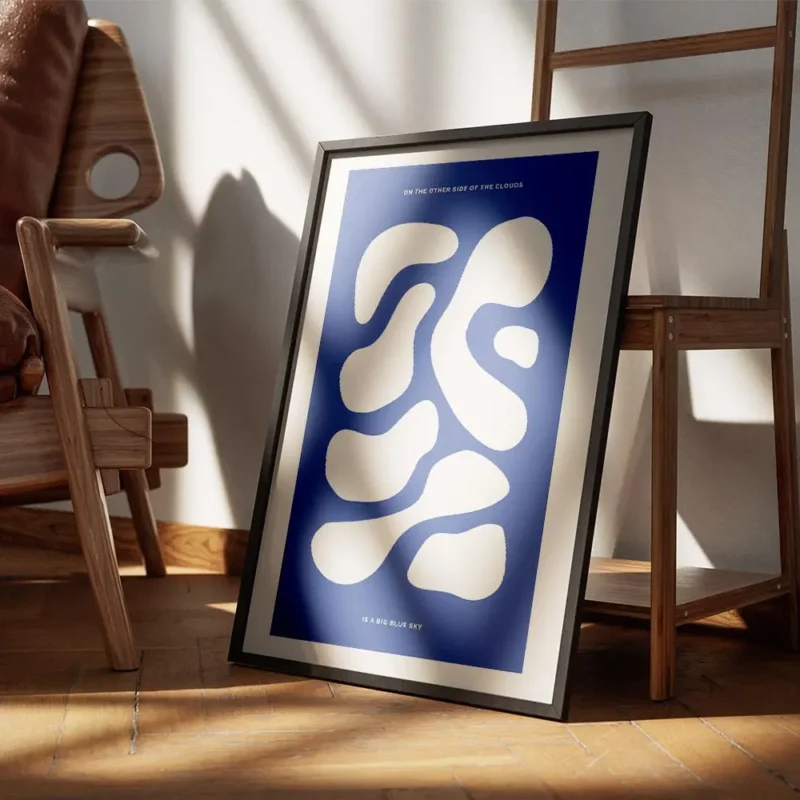 affiche avec des formes abstraites beige sur fond bleu fonce avec du texte en ty encadre.webp