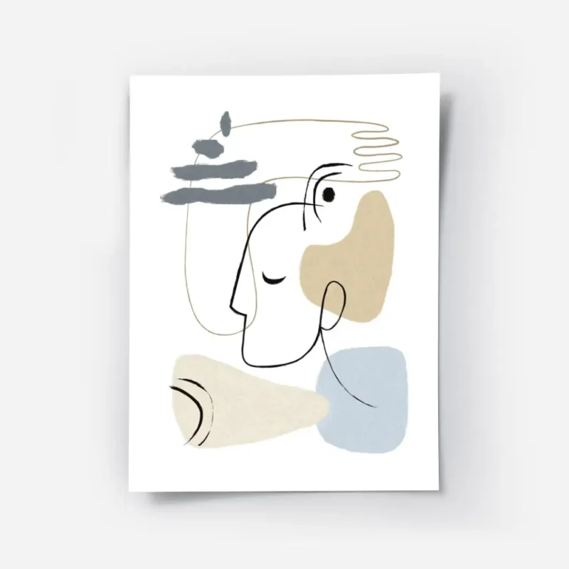 affiche avec des formes abstraites beiges et bleues une main et un visage en art.webp