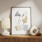 affiche avec des formes abstraites beiges et bleues une main et un visage en art meuble.webp