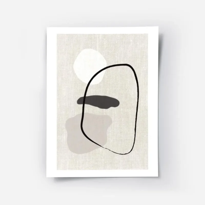 affiche avec des formes abstraites blanches beiges et noires sur un fond en lin .webp