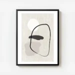 affiche avec des formes abstraites blanches beiges et noires sur un fond en lin avec cadre.webp