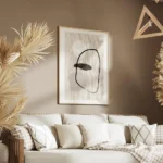 affiche avec des formes abstraites blanches beiges et noires sur un fond en lin salon.webp