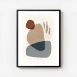 affiche avec des formes abstraites en gris bleu beige et marron sur un fond clai avec cadre.webp