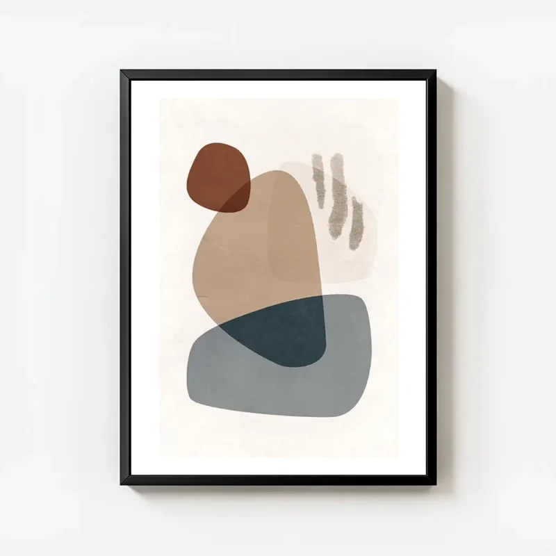 affiche avec des formes abstraites en gris bleu beige et marron sur un fond clai avec cadre.webp