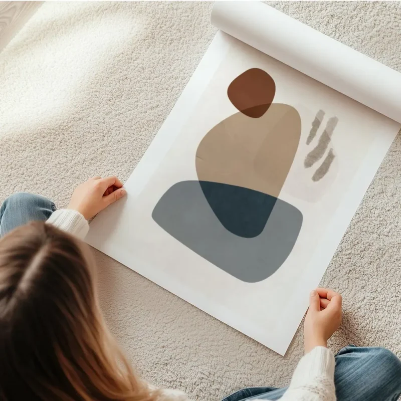 affiche avec des formes abstraites en gris bleu beige et marron sur un fond clai en rouleau.webp