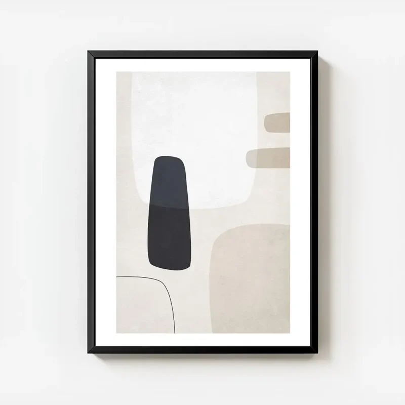 affiche avec des formes abstraites en noir gris clair et beige sur un fond beige avec cadre.webp