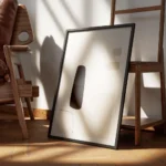 affiche avec des formes abstraites en noir gris clair et beige sur un fond beige encadre.webp