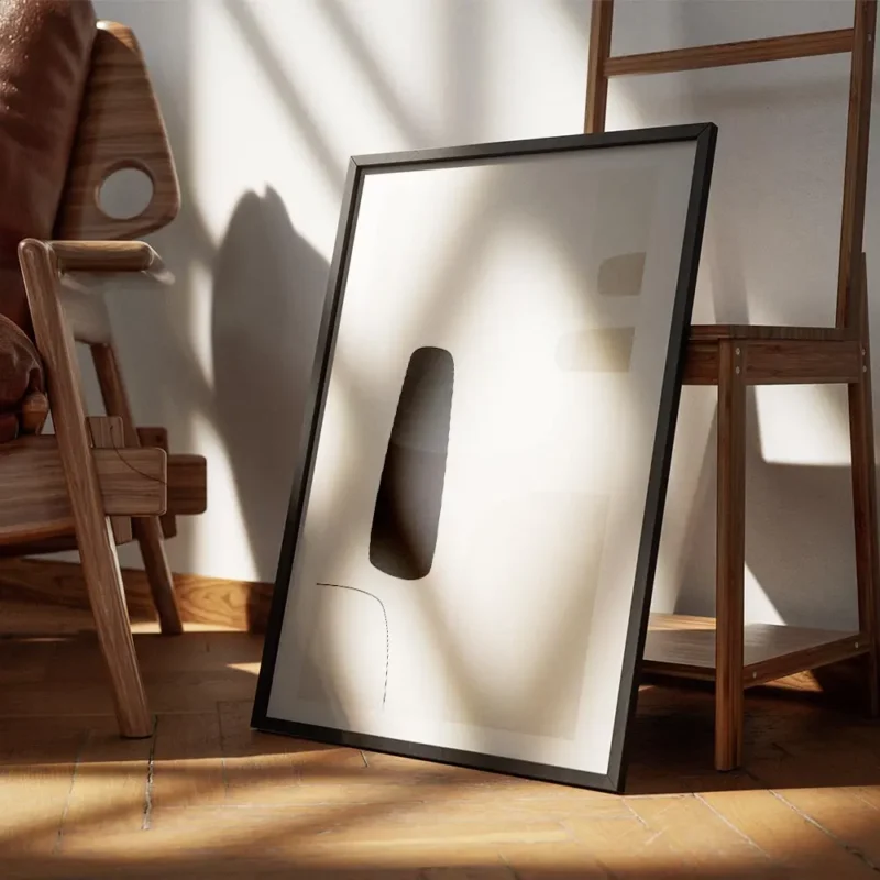 affiche avec des formes abstraites en noir gris clair et beige sur un fond beige encadre.webp