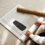 affiche avec des formes abstraites en noir gris clair et beige sur un fond beige enroule.webp