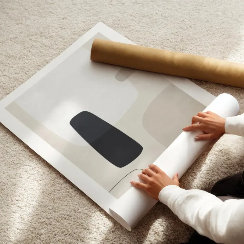affiche avec des formes abstraites en noir gris clair et beige sur un fond beige enroule.webp