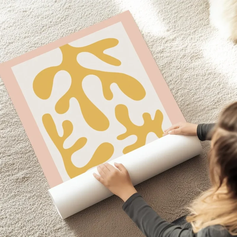 affiche avec des formes abstraites jaune moutarde sur fond beige clair bordure r au sol.webp