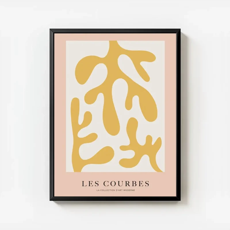 affiche avec des formes abstraites jaune moutarde sur fond beige clair bordure r avec cadre.webp