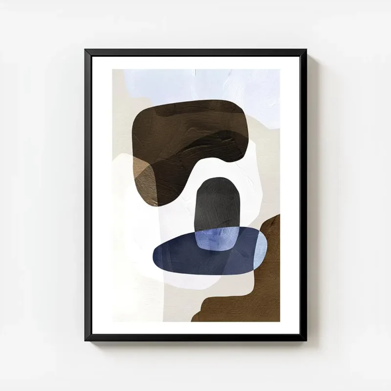 affiche avec des formes abstraites marron bleu et blanc avec une texture de coup avec cadre.webp