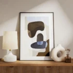 affiche avec des formes abstraites marron bleu et blanc avec une texture de coup meuble.webp