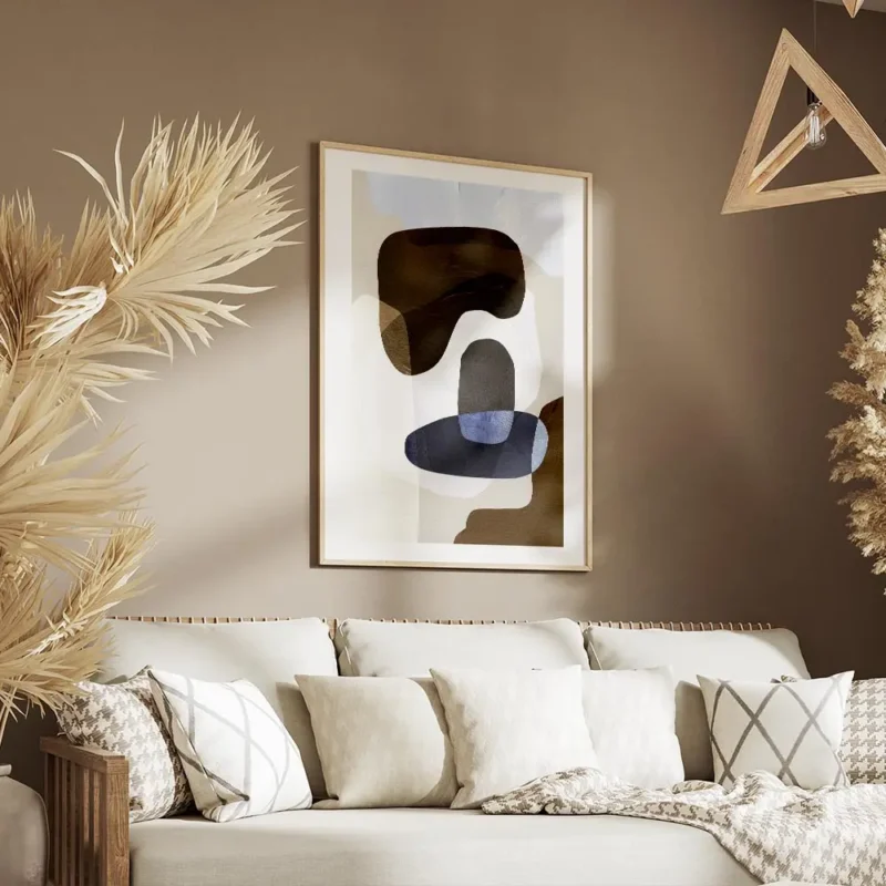 affiche avec des formes abstraites marron bleu et blanc avec une texture de coup salon.webp