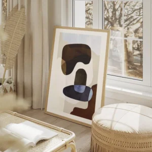 affiche avec des formes abstraites marron bleu et blanc avec une texture de coup salon beige.webp