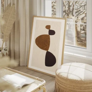 affiche avec des formes abstraites marron clair et fonce sur fond beige texture salon beige.webp