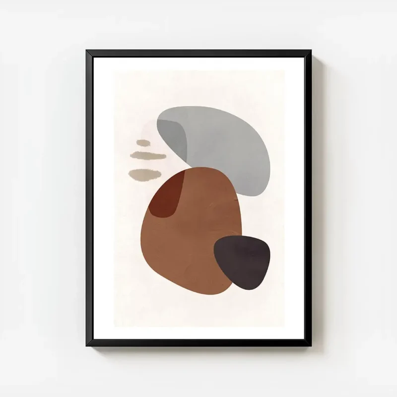 affiche avec des formes abstraites marron grises et noires sur un fond clair tex avec cadre.webp