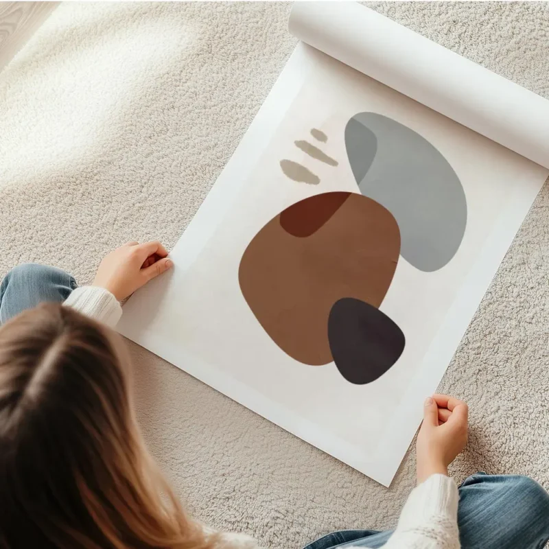 affiche avec des formes abstraites marron grises et noires sur un fond clair tex en rouleau.webp