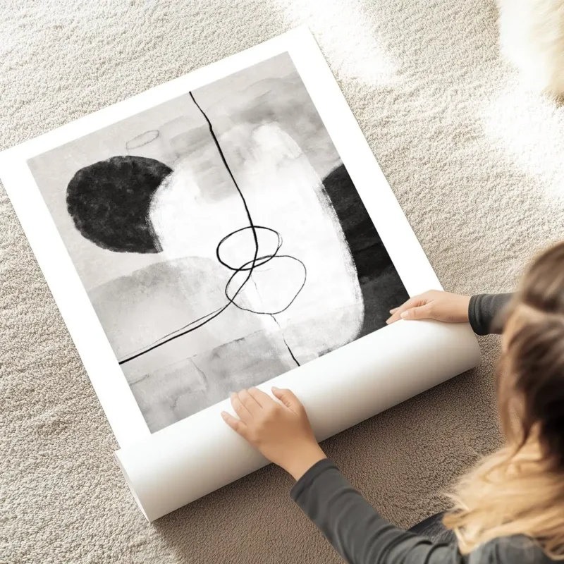 affiche avec des formes abstraites monochromes en noir gris et blanc et des lign au sol.webp