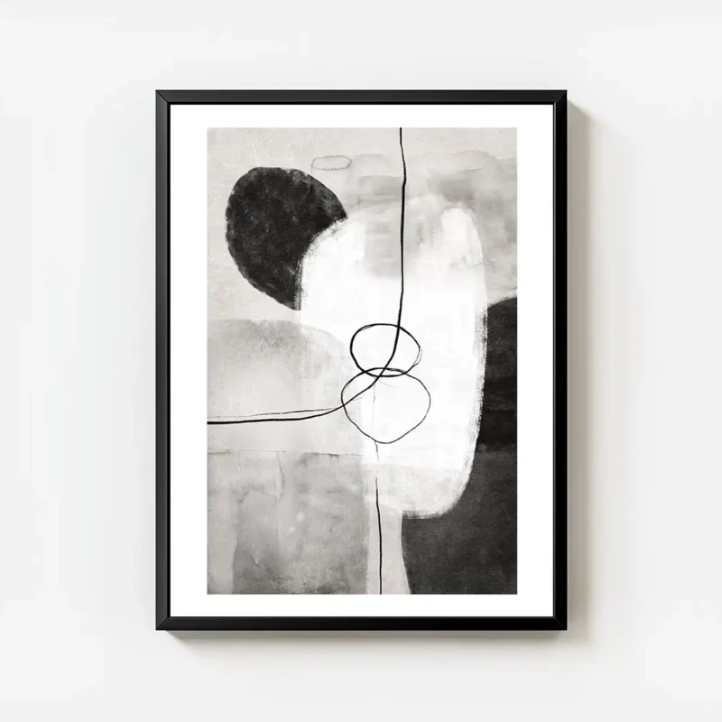 affiche avec des formes abstraites monochromes en noir gris et blanc et des lign avec cadre.webp