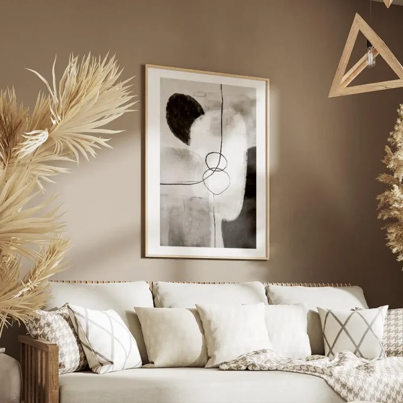 affiche avec des formes abstraites monochromes en noir gris et blanc et des lign salon.webp