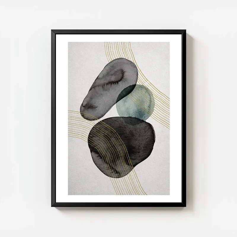 affiche avec des formes abstraites noires et bleues a laquarelle traversees par avec cadre.webp