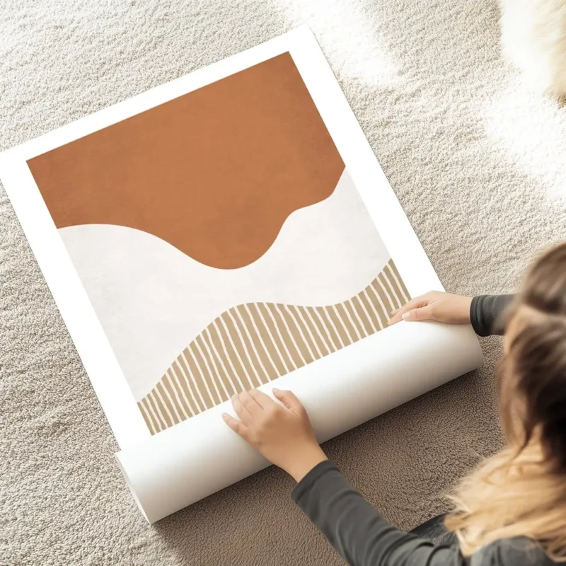 affiche avec des formes abstraites ondulees orange et blanches et des lignes ver au sol.webp