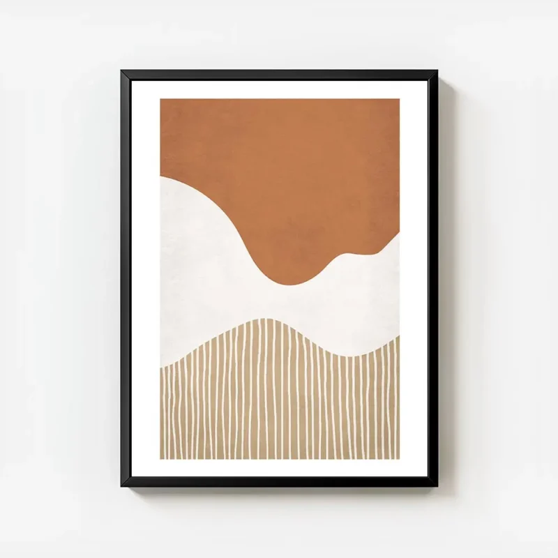 affiche avec des formes abstraites ondulees orange et blanches et des lignes ver avec cadre.webp