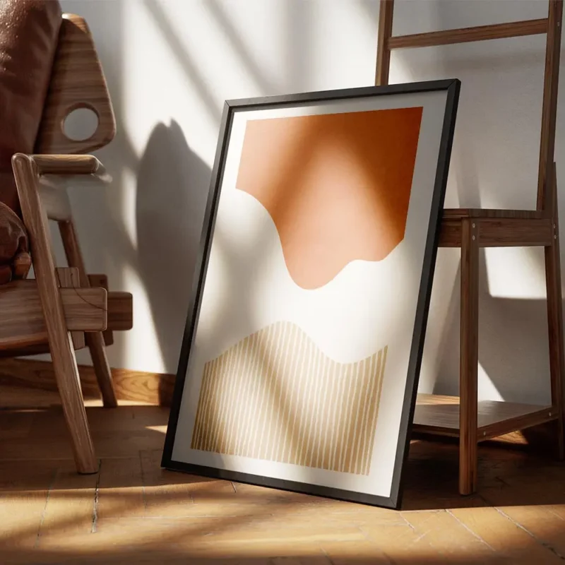 affiche avec des formes abstraites ondulees orange et blanches et des lignes ver encadre.webp