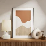 affiche avec des formes abstraites ondulees orange et blanches et des lignes ver meuble.webp