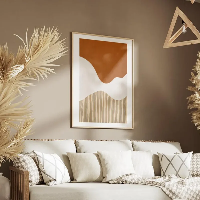 affiche avec des formes abstraites ondulees orange et blanches et des lignes ver salon.webp