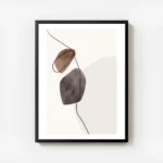affiche avec des formes aquarelle marron et grises et une ligne noire abstraite avec cadre.webp