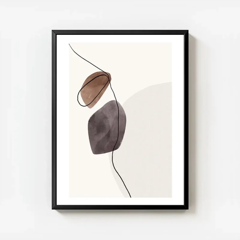 affiche avec des formes aquarelle marron et grises et une ligne noire abstraite avec cadre.webp