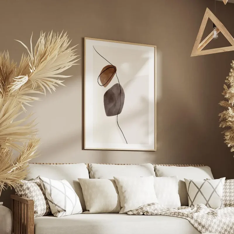 affiche avec des formes aquarelle marron et grises et une ligne noire abstraite salon.webp