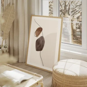 affiche avec des formes aquarelle marron et grises et une ligne noire abstraite salon beige.webp
