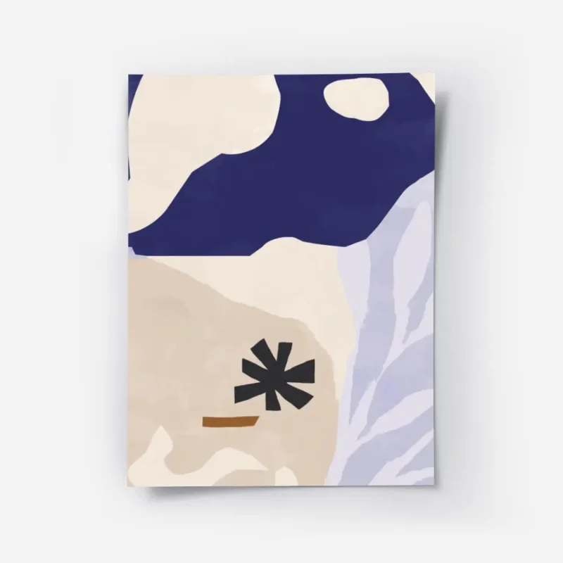 affiche avec des formes bleues beiges et noires style dessin minimaliste.webp