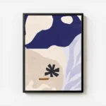 affiche avec des formes bleues beiges et noires style dessin minimaliste avec cadre.webp