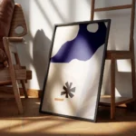 affiche avec des formes bleues beiges et noires style dessin minimaliste encadre.webp