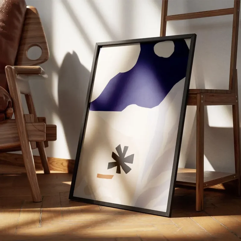 affiche avec des formes bleues beiges et noires style dessin minimaliste encadre.webp
