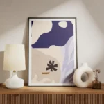affiche avec des formes bleues beiges et noires style dessin minimaliste meuble.webp