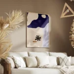affiche avec des formes bleues beiges et noires style dessin minimaliste salon.webp