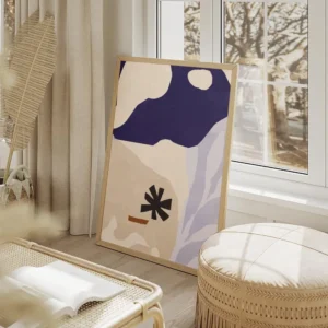 affiche avec des formes bleues beiges et noires style dessin minimaliste salon beige.webp